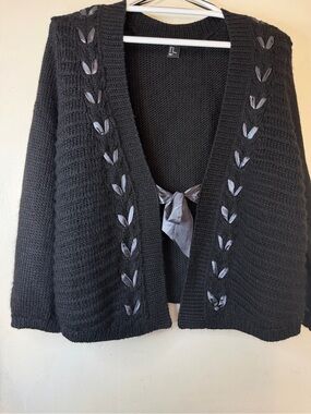 H&M Black Ribbon Lace-Up Chunky Knit Cardigan Cozy Coquette Sweater